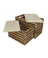 Set Of 2 Rectangular Linen Fabric And Wood Slats Storage Benches