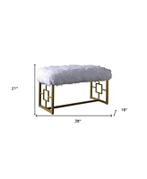 18" White and Gold Upholstered Faux Fur Bench