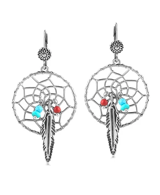 Sterling Silver Kingman Turquoise and Red Coral Dreamcatcher Feather Dangle Earrings