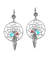 Sterling Silver Kingman Turquoise and Red Coral Dreamcatcher Feather Dangle Earrings