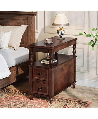 Tribesigns Solid Wood Nightstand with 2 Drawers, Mid-Century Modern Night Stand with Open Shelf, Vintage Bedside Table for Bedroom, Easy to Assemble (
