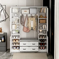White high-gloss wooden entryway cabinet with shoe storage bench with 14 doors, soft seat for doorside storage