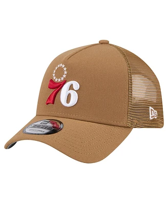 New Era Men's Tan Philadelphia 76ers 9FORTY A-Frame Trucker Adjustable Hat