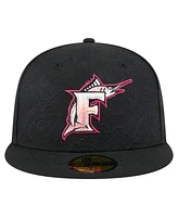 New Era Men's Black Florida Marlins Cooperstown Collection Tonal Koi 59FIFTY Fitted Hat