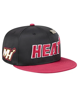 New Era Men's Black/Red Miami Heat Throwback Satin Vintage Pin Two-Tone 59FIFTY Fitted Hat