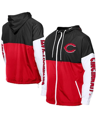 New Era Men's Red/Black Cincinnati Reds Color Block Full-Zip Hoodie Windbreaker Jacket