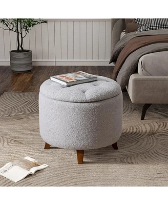 Round Upholstered Storage Ottoman with Removable Lid and Teddy Fleece Cover for Living Room Bedroom Footrest Coffee Table Stool-The Pop Home
