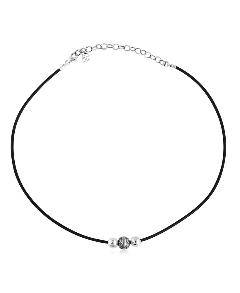 Sterling Silver Black Leather 3 Bead Necklace, 17 to 20 Inches