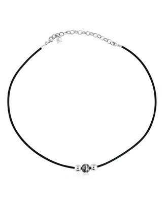 Sterling Silver Black Leather 3 Bead Necklace, 17 to 20 Inches
