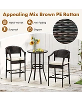 3 Pcs Patio Rattan Bar Set Wicker Armchairs & Round Table with Tempered Glass Top