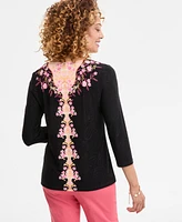 Jm Collection Women's Printed 3/4 Sleeve Scoop-Neck Jacquard Top, Exclusively at Macy's