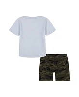 Kids Headquarters Toddler and Little Boys 2-Piece Slub Jersey Graphic T-Shirt Camo Twill Cargo Shorts Set