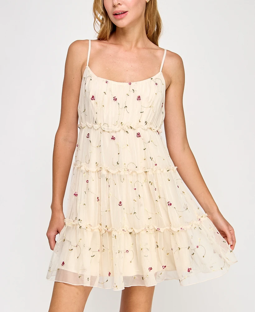 Row A Juniors' Embroidered Sleeveless Mesh Dress