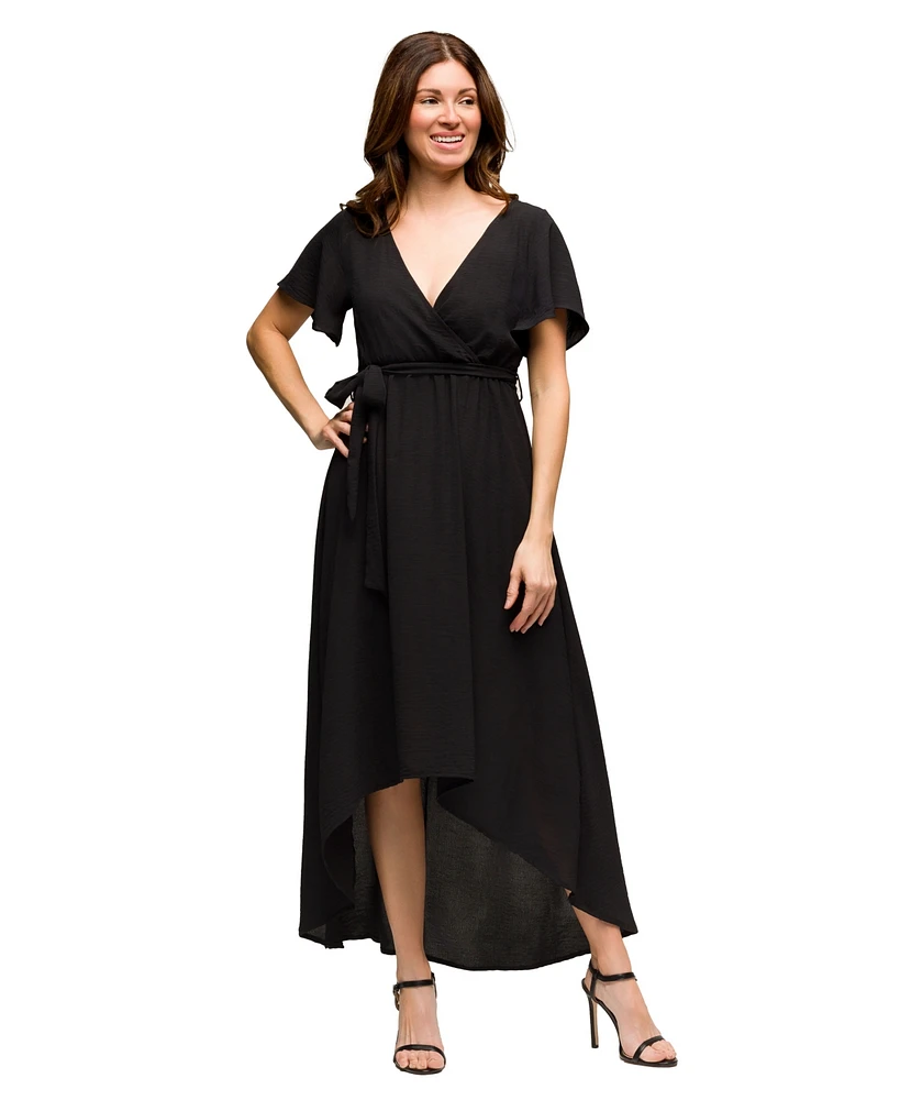 24seven Comfort Apparel Women's V Neck Belted Faux Wrap High Low Dress