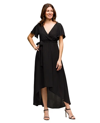 24seven Comfort Apparel Women's V Neck Belted Faux Wrap High Low Dress