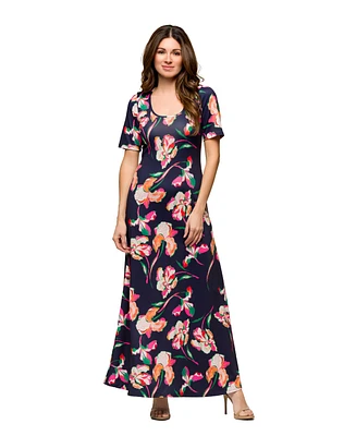 24seven Comfort Apparel Women's Navy Floral Print Elbow Sleeve Casual A Line Maxi Dress
