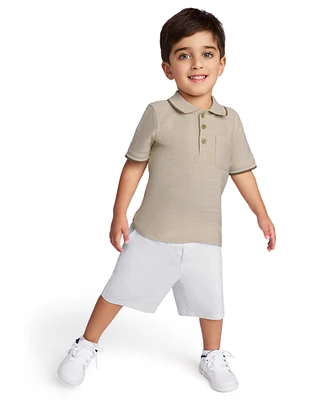 Calvin Klein Toddler and Little Boys Tipped Herringbone Dobby Polo Shirt Twill Shorts, 2-Piece Set