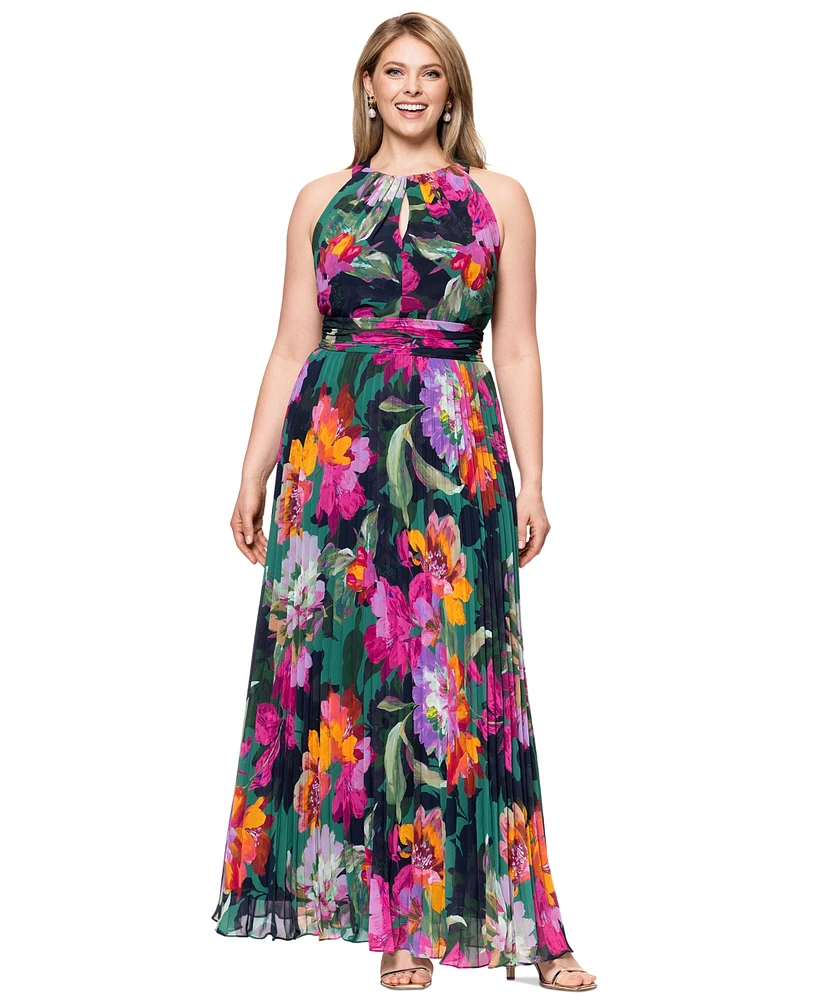 Xscape Plus Printed Halter-Neck Pleated Sleeveless Gown