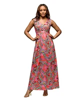 24seven Comfort Apparel Women's Pink Paisley Print V Neck Empire Waist Sleeveless Maxi Dress