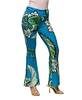 24seven Comfort Apparel Women's Teal Paisley Print Bell Bottom Foldover Waist Pants