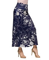 24seven Comfort Apparel Women's Navy Floral Print Elastic Waist A Line Maxi Skirt