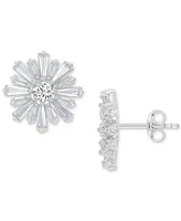 Cubic Zirconia Round & Baguette Flower Stud Earrings in Sterling Silver