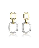 14k Yellow Gold Plated with Cubic Zirconia Pave Geometric Oval Chain Dangle Earrings