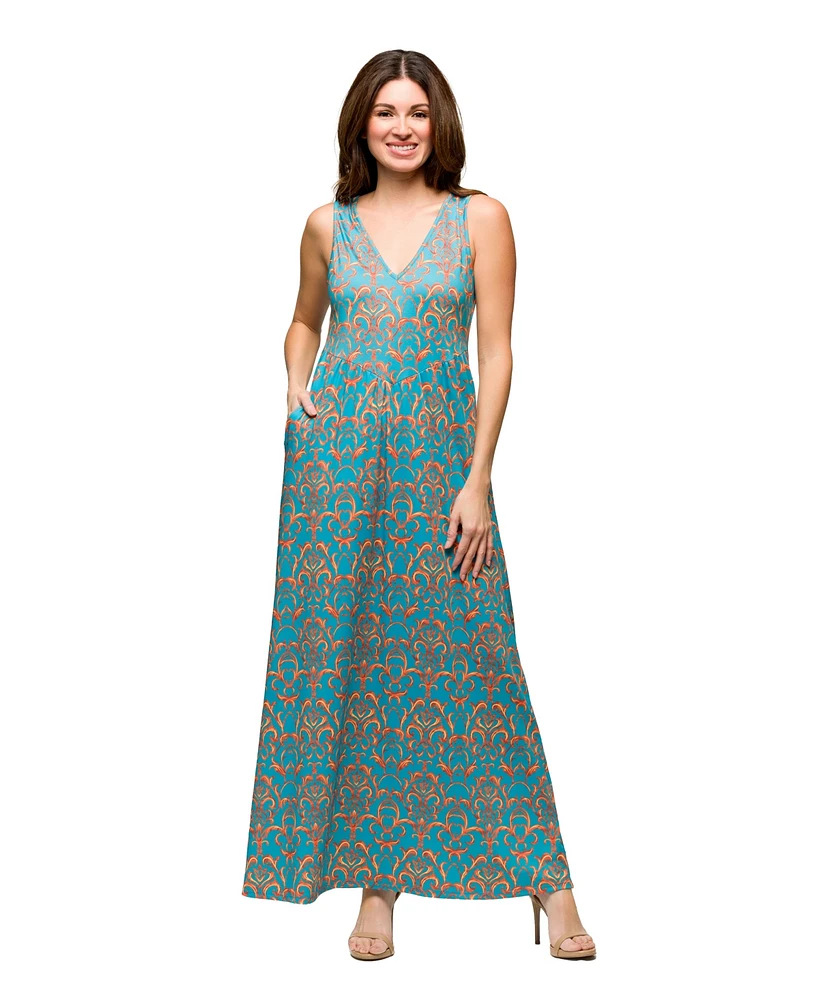 24seven Comfort Apparel Women's Sky Blue Sleeveless V Neck Maxi Dress with Pockets