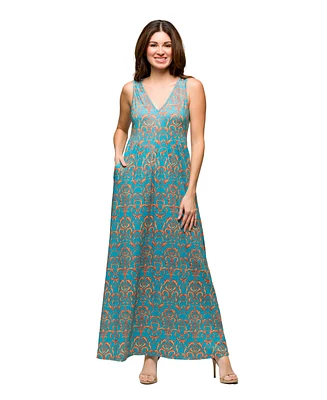 24seven Comfort Apparel Women's Sky Blue Sleeveless V Neck Maxi Dress with Pockets