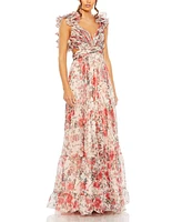 Mac Duggal Women's Ruffle Tiered Floral Cut-Out Chiffon Gown