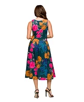 24seven Comfort Apparel Women's Midi Length Blue Floral Print Sleeveless Pleated Pocket Dress