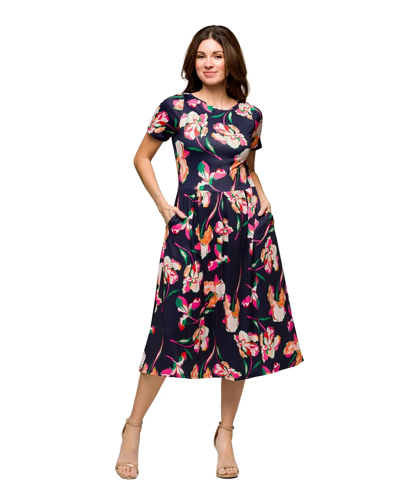 24seven Comfort Apparel Women's Navy Floral Short Sleeve Pleated Flare Midi Pocket Dress