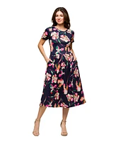 24seven Comfort Apparel Women's Navy Floral Short Sleeve Pleated Flare Midi Pocket Dress