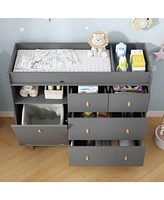 Diaper table with four drawers, baby changing station multiple storage compartments, grey wood