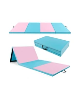 4-Panel Pu Leather Folding Exercise Mat with Carrying Handles-Pink & Blue