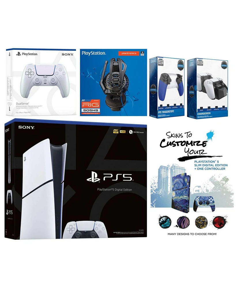 Sony Playstation 5 Slim Digital with Extra Galactic Purple Controller, Plantronics Headset, Trigger Stop Kit, Charge Dock and MightySkins Decal Vouche