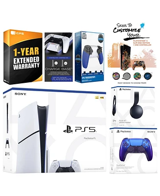 Sony Playstation 5 Slim Disc with Black Pulse Headset, Extra Volcanic Red Controller, Trigger Stop Kit, Charge Dock and MightySkins Decal Voucher + 1