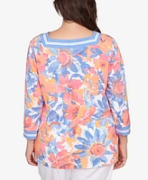 Ruby Rd. Plus Floral Striped Trim Top