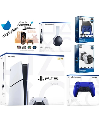 Sony Playstation 5 Slim Disc Bundle with White Pulse Headset, Extra Controller, Pro Gamer Kit, Dual Charge Dock and MightySkins Decal Voucher