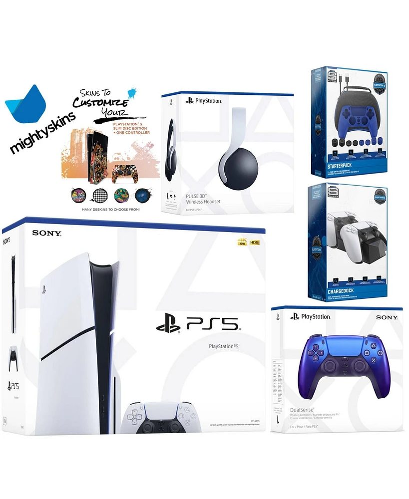 Sony Playstation 5 Slim Disc Bundle with White Pulse Headset, Extra Chroma Indigo Controller, Pro Gamer Kit