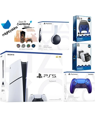 Sony Playstation 5 Slim Disc Bundle with White Pulse Headset, Extra Chroma Indigo Controller, Pro Gamer Kit