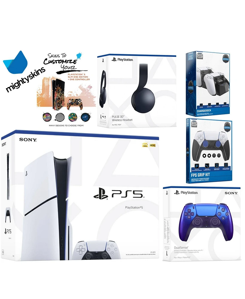 Sony Playstation 5 Slim Disc Bundle with Black Pulse Headset, Extra Cosmic Red Controller, Fps Grip Kit, Dual Charge Dock and MightySkins Decal Vouche