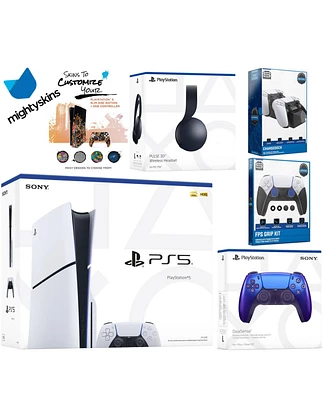 Sony Playstation 5 Slim Disc Bundle with Black Pulse Headset, Extra Cosmic Red Controller, Fps Grip Kit, Dual Charge Dock and MightySkins Decal Vouche