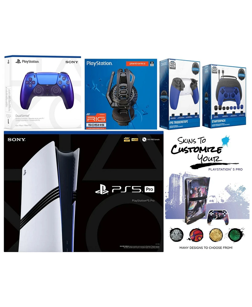 Sony Playstation 5 Pro Bundle with Extra Chroma Indigo Controller, Plantronics Headset, Gamer Kit, Trigger Kit and MightySkins Decal Voucher Plus