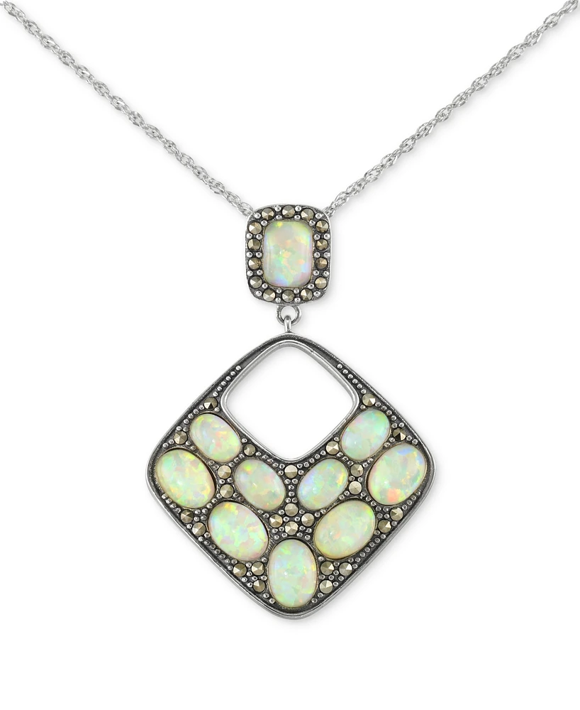 Mother of Pearl & Marcasite Square 18" Pendant Necklace in Sterling Silver
