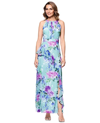 Betsy & Adam Petite Printed Halter-Neck Ruffled Sleeveless Gown
