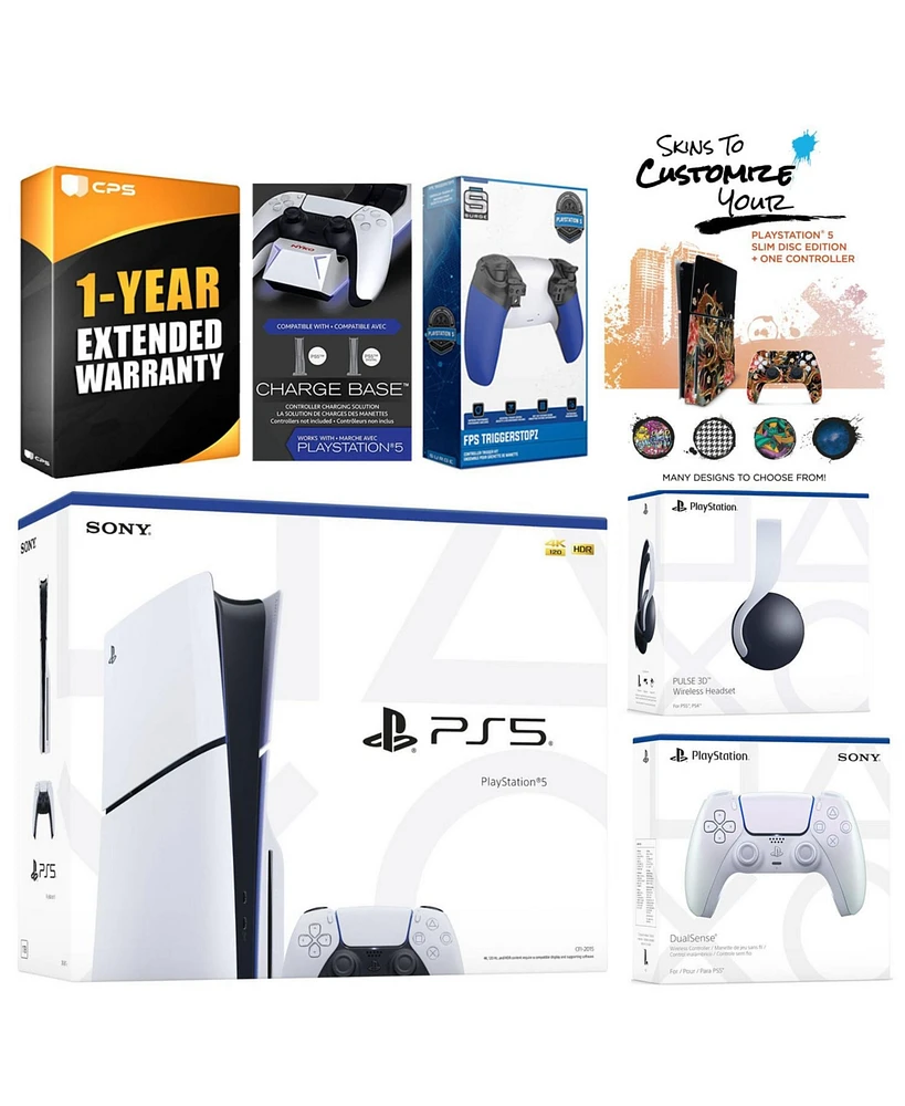 Sony Playstation 5 Slim Disc with White Pulse Headset, Extra Galactic Purple Controller, Trigger Stop Kit, Charge Dock and MightySkins Decal Voucher +