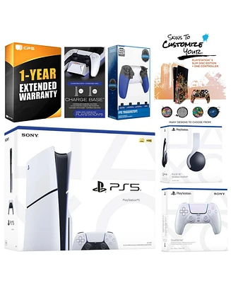 Sony Playstation 5 Slim Disc with White Pulse Headset, Extra Galactic Purple Controller, Trigger Stop Kit, Charge Dock and MightySkins Decal Voucher +