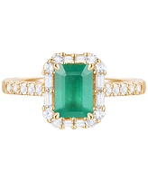 Emerald (1 ct. t.w.) & Diamond (3/8 Round Baguette Halo Ring 14k Gold (Also Ruby Sapphire)