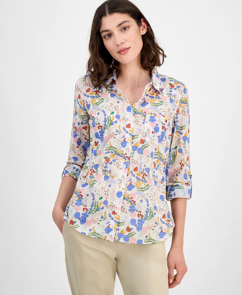 Tommy Hilfiger Women's Floral Print Roll-tab Shirt